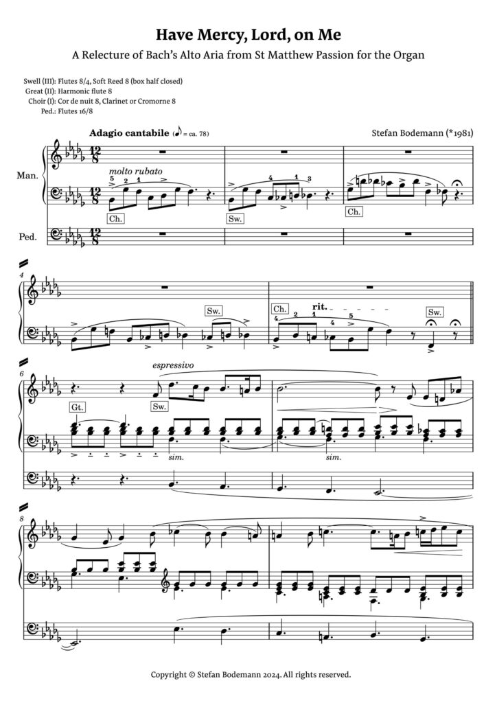 First page of Stefan Bodemann’s organ work "Have Mercy, Lord, on Me". A Relecture of Bach’s Alto Aria from St Matthew Passion for the Organ